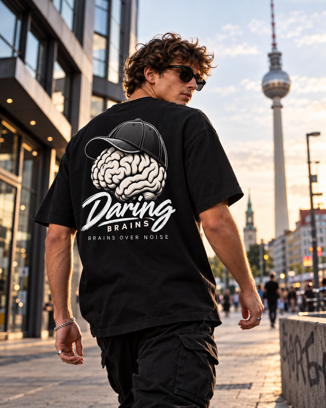 Chico de espaldas con camiseta negra Daring Brains al atardecer en la ciudad