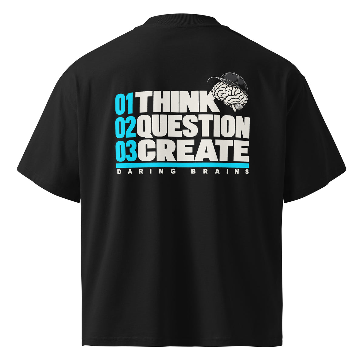Think Question Create Back Tee negra de Daring Brains, THINK QUESTION CREATE en la espalda