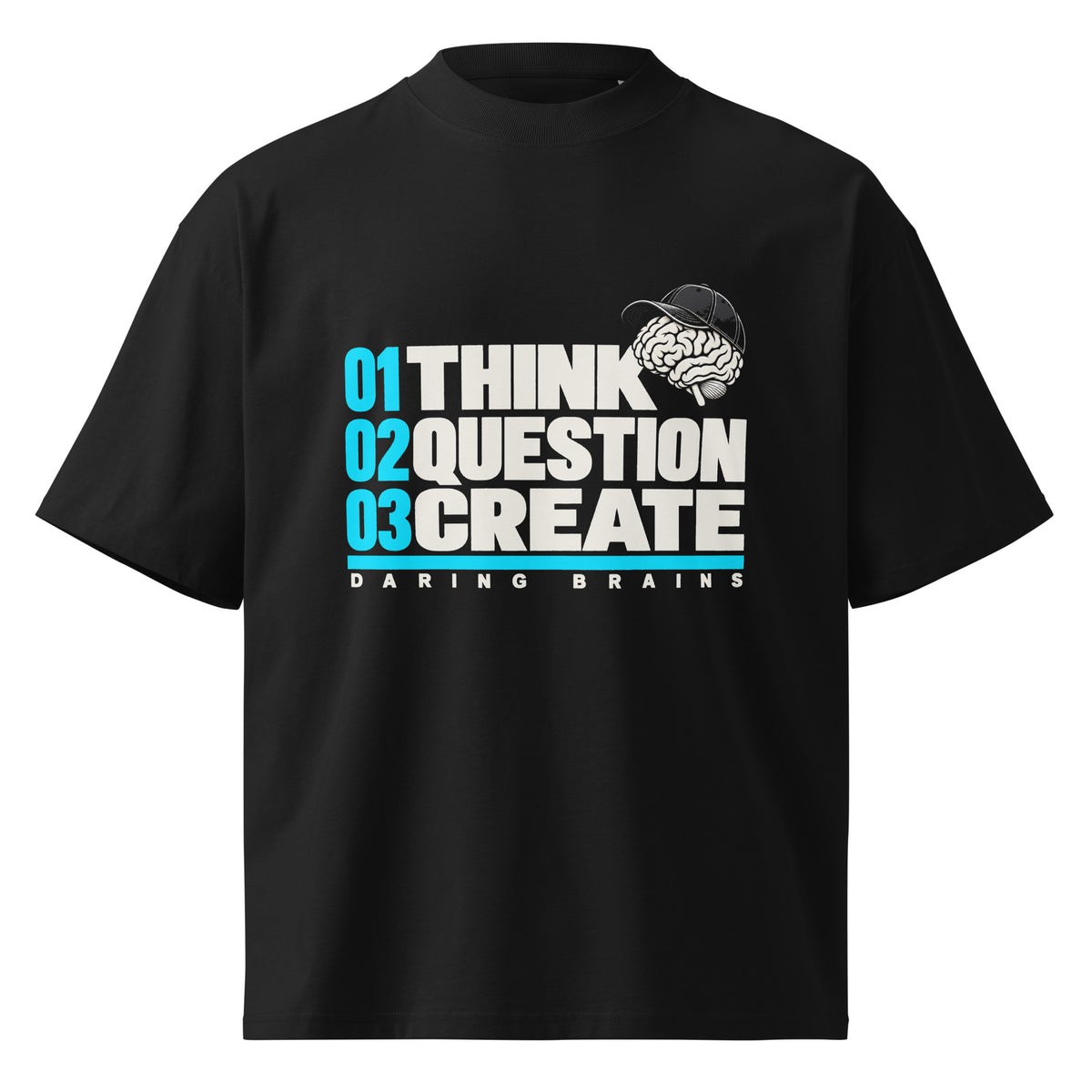 Think Question Create Tee negra de Daring Brains, THINK QUESTION CREATE delante