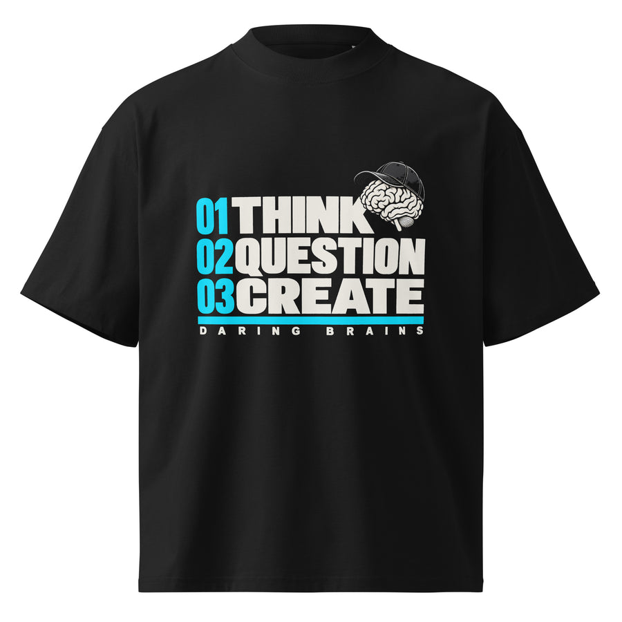 Think Question Create Tee negra de Daring Brains, THINK QUESTION CREATE delante