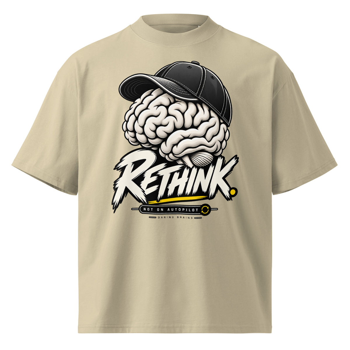 Rethink Tee crema de Daring Brains, mockup del producto