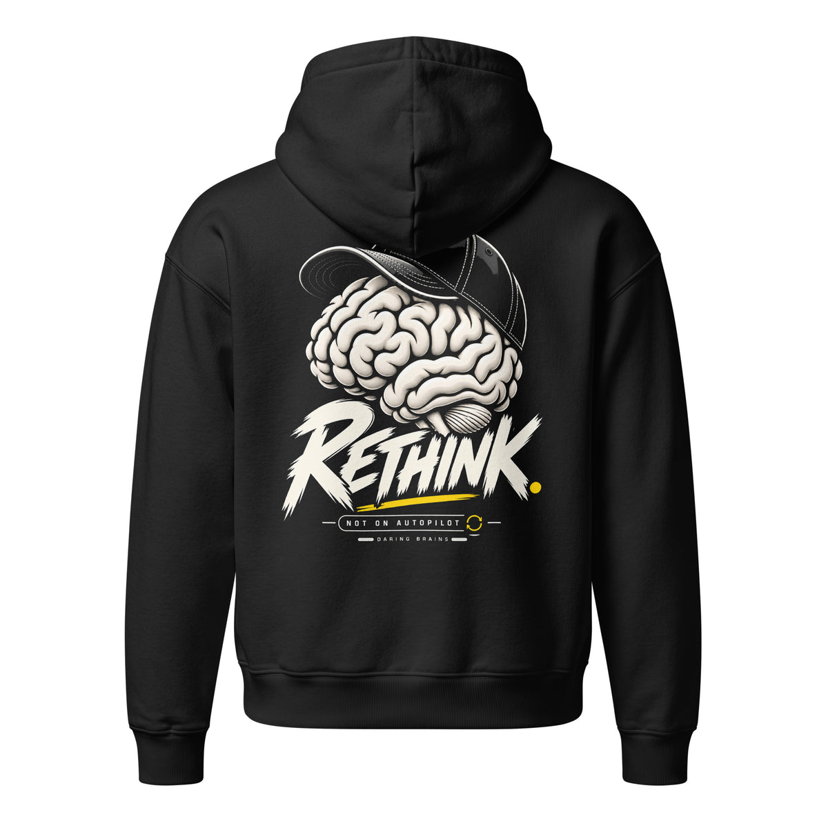 Rethink Back Hoodie negra de Daring Brains, mockup del producto