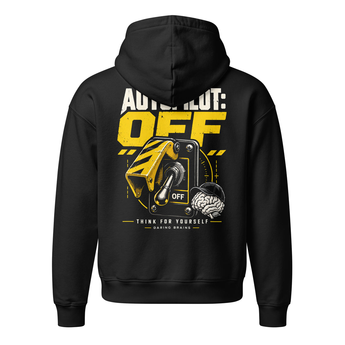 Autopilot: OFF Hoodie negra de Daring Brains, mockup del producto