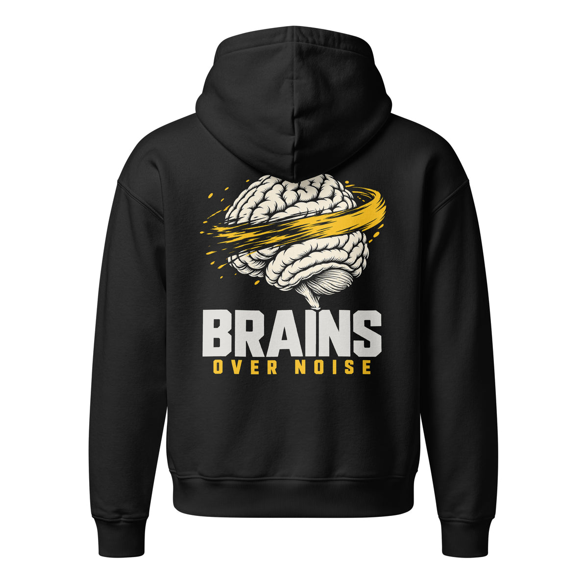 Brains Over Noise Block Hoodie negra de Daring Brains, diseño en la espalda