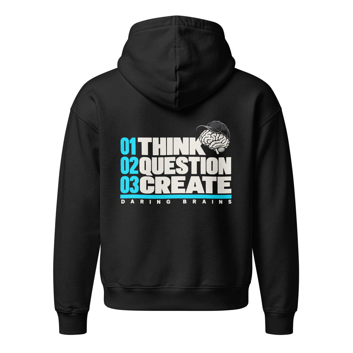 Think Question Create Hoodie negra de Daring Brains, manifiesto en la espalda
