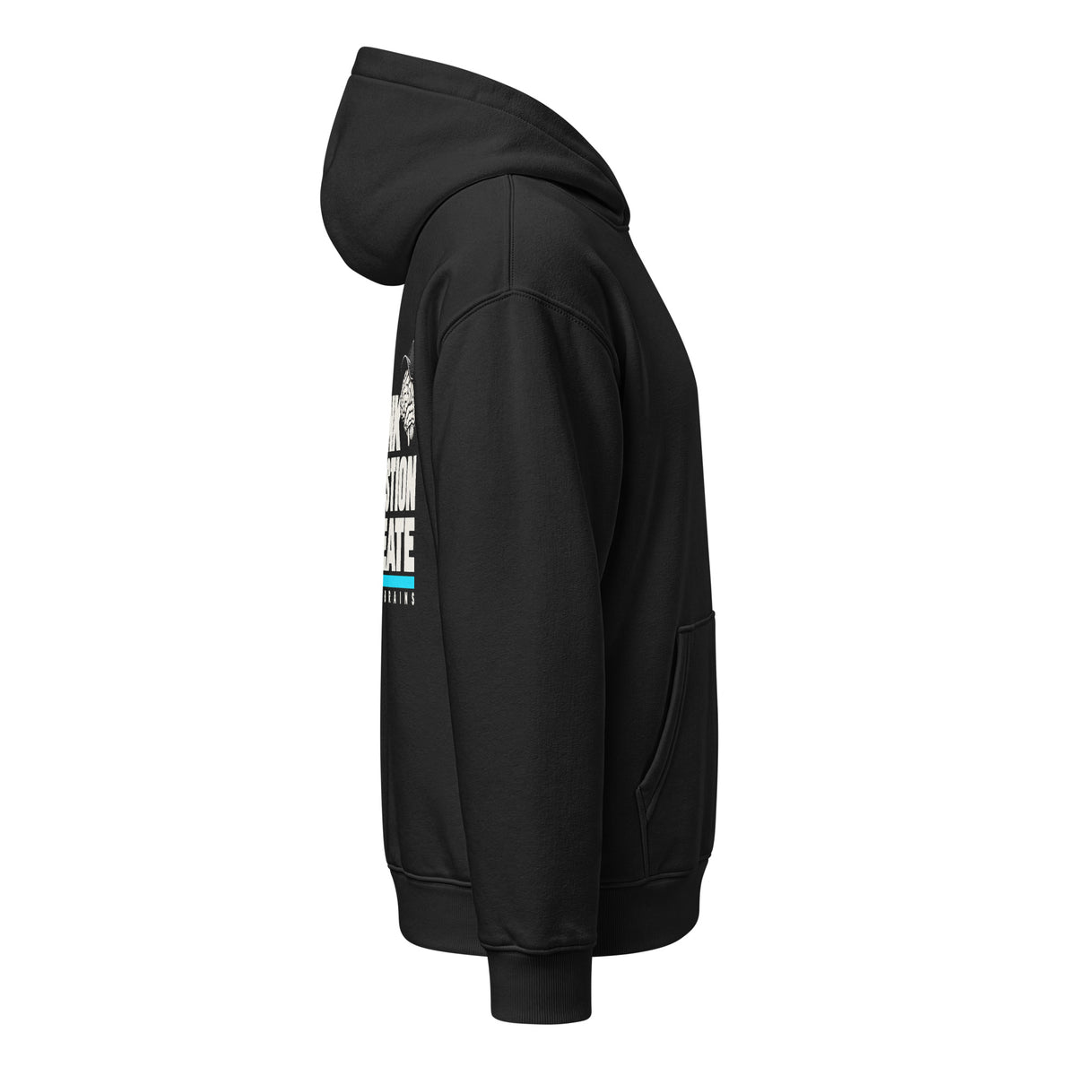 Think Question Create Hoodie negra de Daring Brains, lateral