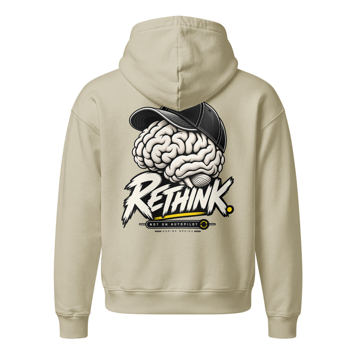Rethink Back Hoodie crema de Daring Brains, mockup del producto