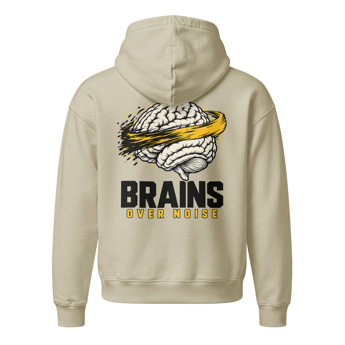 Brains Over Noise Block Hoodie crema de Daring Brains, diseño en la espalda