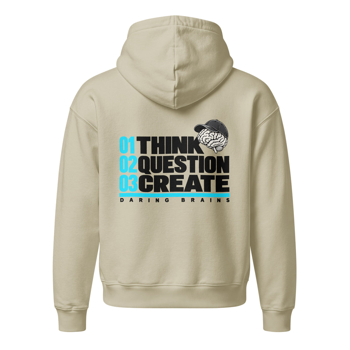 Think Question Create Hoodie crema de Daring Brains, manifiesto en la espalda